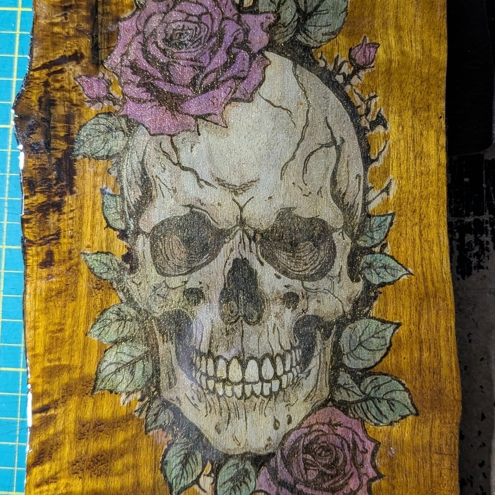 Rustic Skull and Roses Wall Art Decor On Live Edged Wood. Wood Burnt And Stained